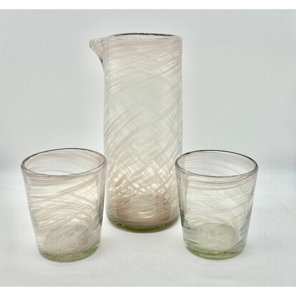 Handblown Glass Pink White Opaque Swirl Pitcher and Tumblers Glasses set
